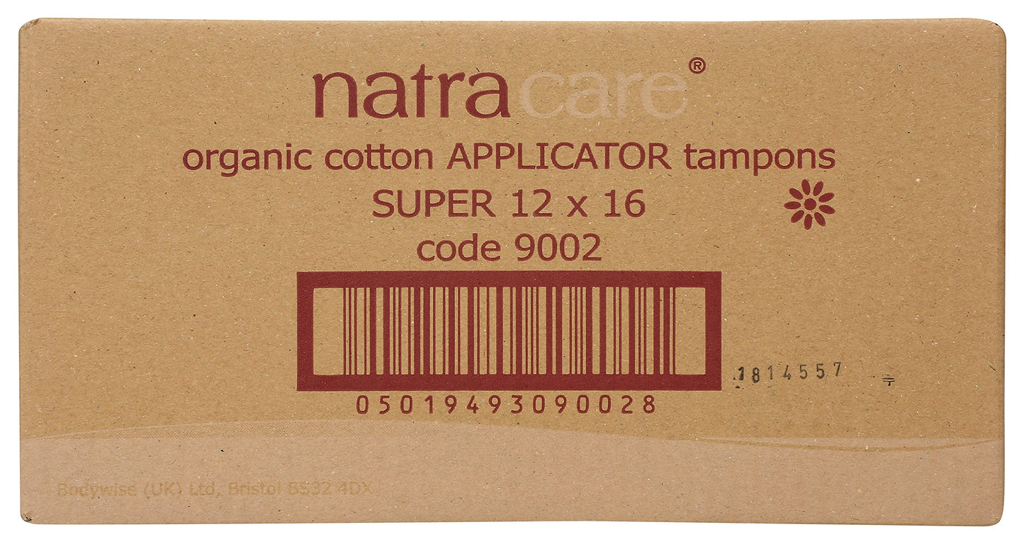 Natracare Organic Cotton Super Tampons with Cardboard Applicator, Plastic Free, Chlorine Free, Biodegradable & Compostable (16 Pack, 192 Tampons Total)