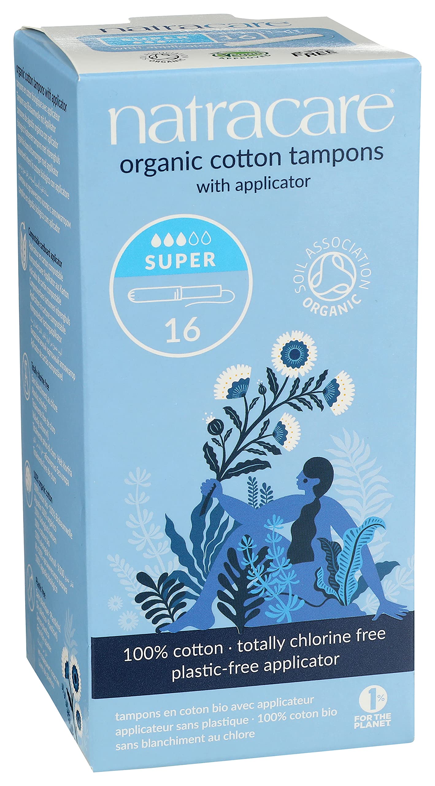Natracare Organic Cotton Super Tampons with Cardboard Applicator, Plastic Free, Chlorine Free, Biodegradable & Compostable (16 Pack, 192 Tampons Total)